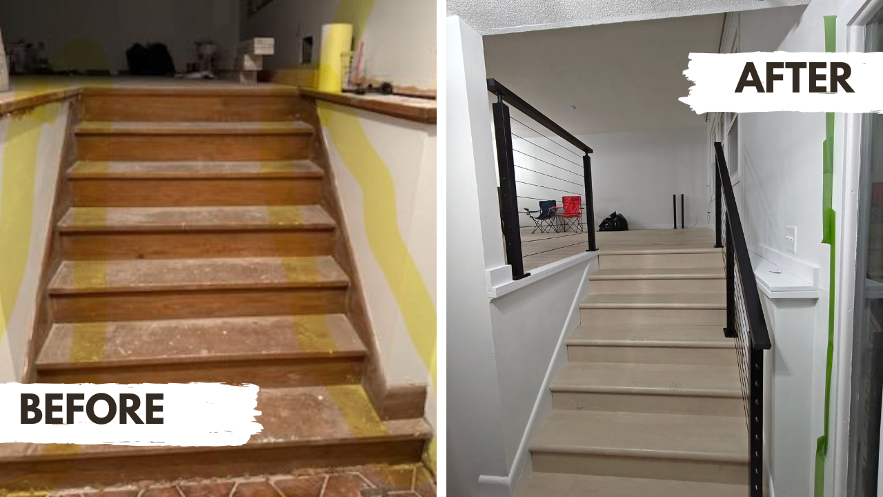 Before-and-after stairs renovation: old wooden stairs to updated stairs with white walls and black railing.