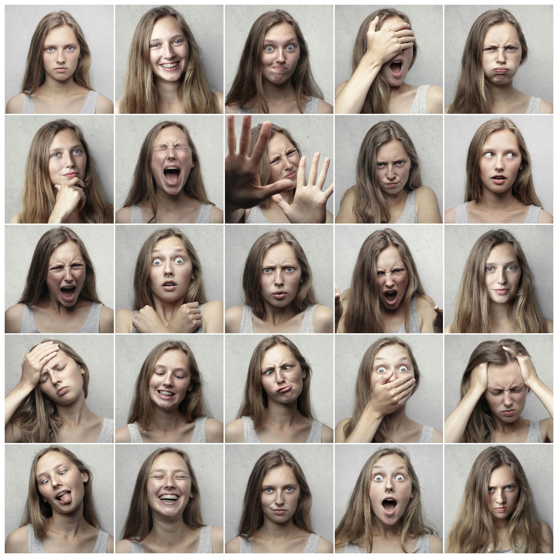 Grid of 25 photos showing a person with long hair making various facial expressions against a plain 