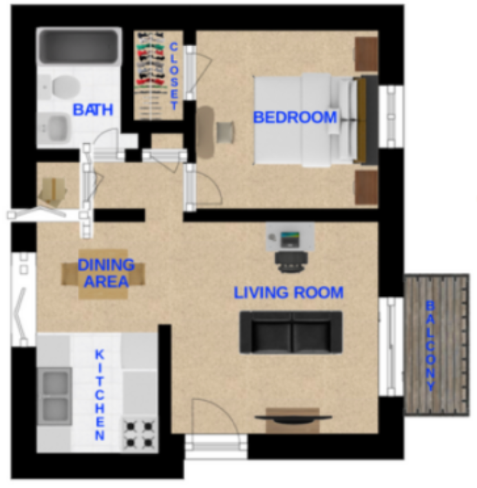 Floor Plan: 1 Bed · 1 Bath · 614 SQ. FT.