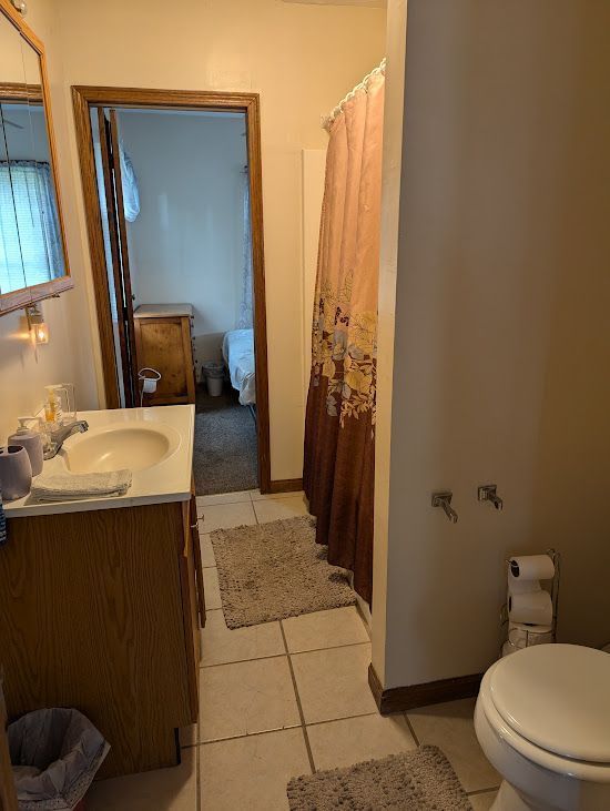 A bathroom with a toilet a sink and a mirror