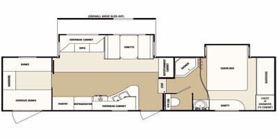 A floor plan of a rv with a kitchen, bedroom, and bathroom