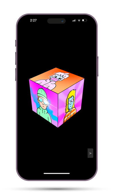 A cell phone with a pixel art cube on the screen.