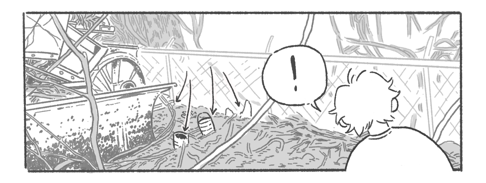 A black and white drawing of the thicket interior, where there are some pieces of trash marked by helpful comic arrows. The person viewing them juts out from the frame border, with a speech bubble reading just 