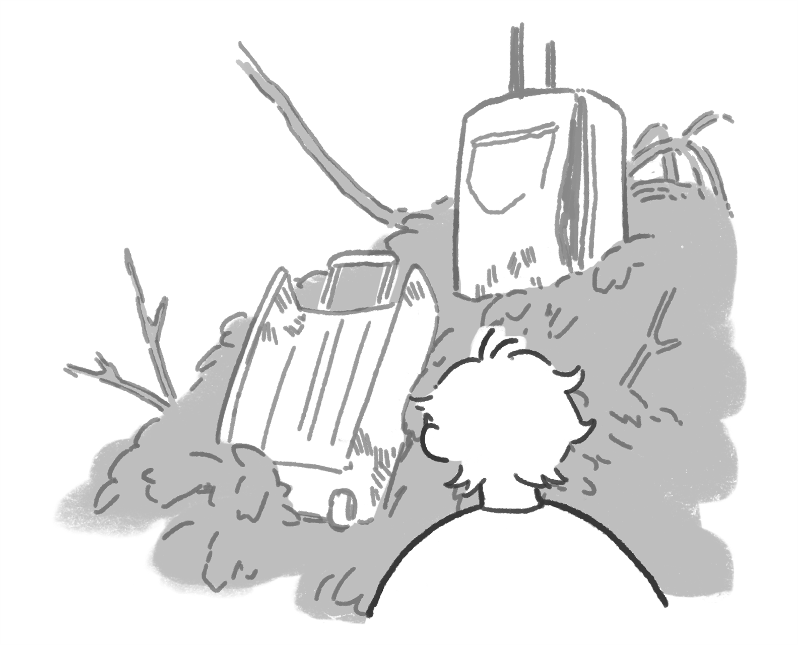 The person looks up at two ruined suitcases piled onto a mound of leaves.