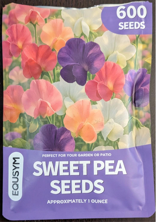 Front image of sweet pea seed package with brand name “EQUSYM”