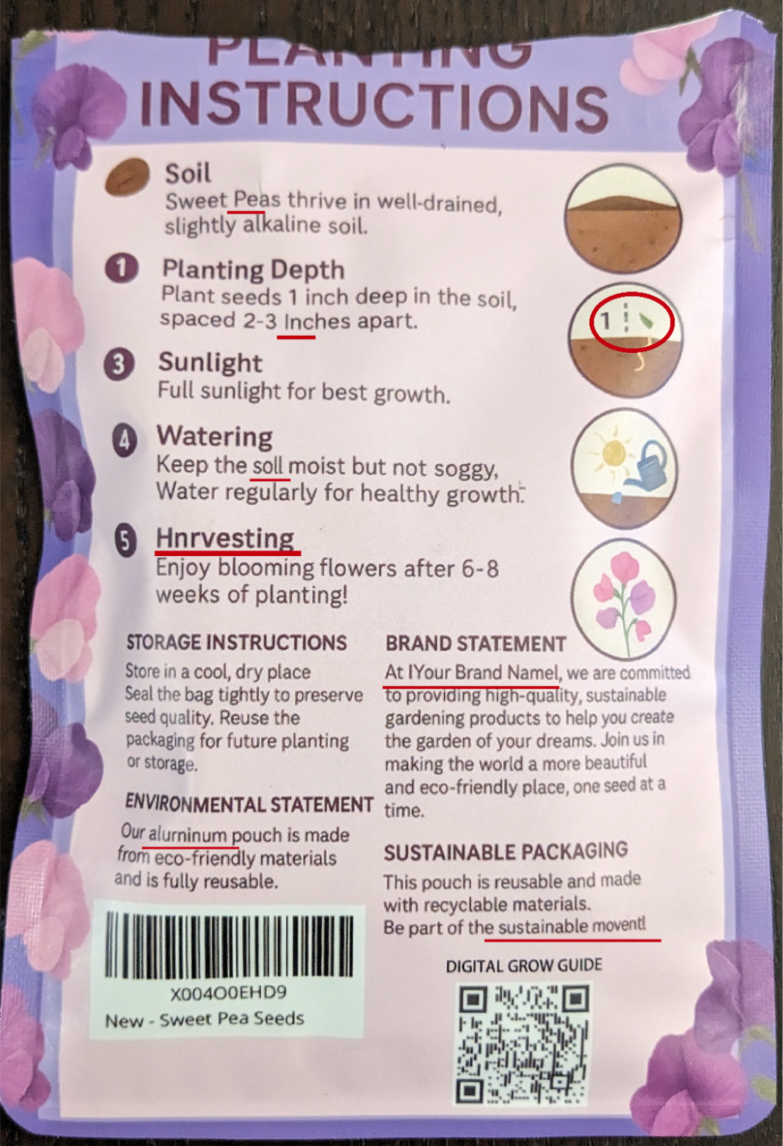 Back image of seed package. The red highlighting indicates errors in grammar, spelling, punctuation and basic copy editing