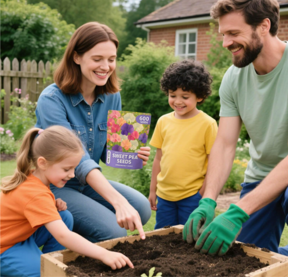 Family gardening in a backyard, planting soil in a raised bed with a seed packet visible.