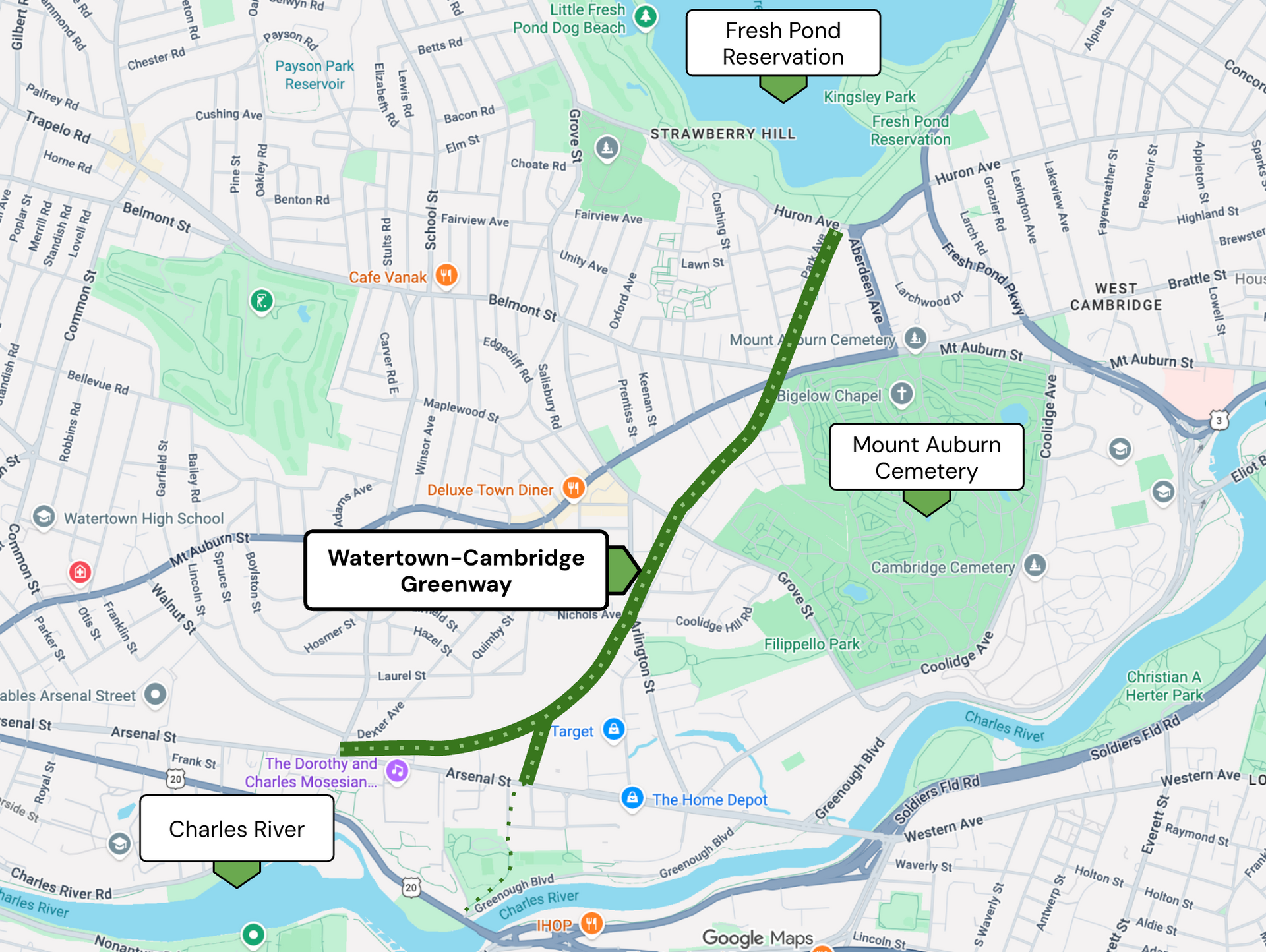 Map of Watertown-Cambridge Greenway 2026 