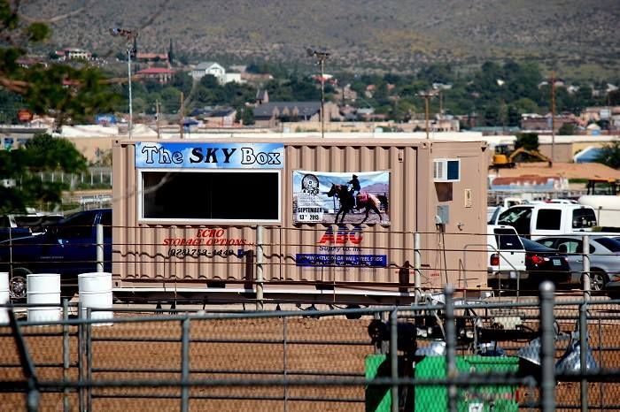 A building with a sign that says sky box on it