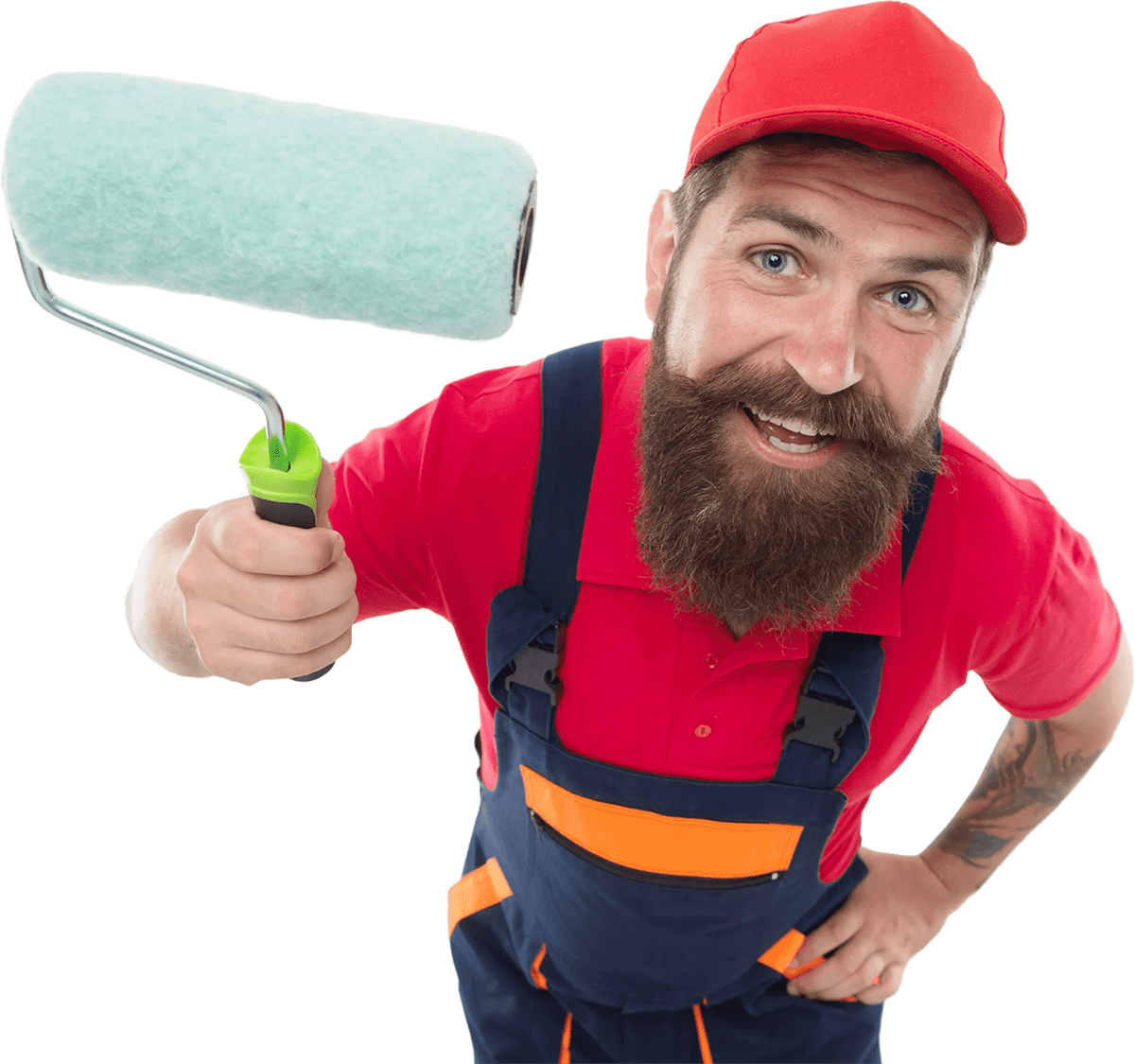 a man with a beard is holding a paint roller .