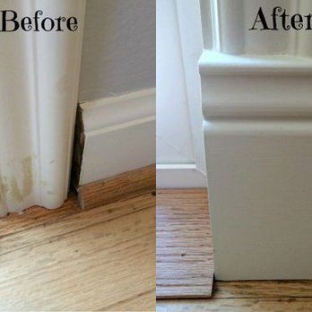 A before and after picture of a door molding on a wooden floor.