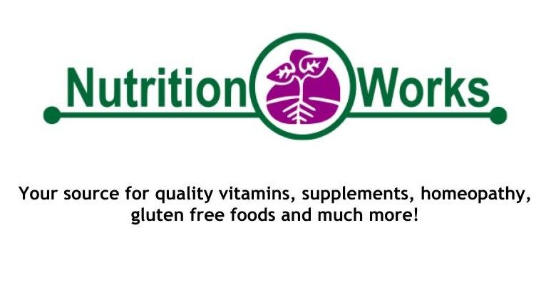 Logo for Nutrition Works, a store offering vitamins, supplements, and gluten-free foods. The logo uses green and purple.