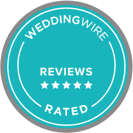 A blue badge that says wedding wire reviews rated