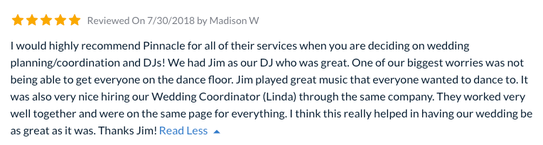 A review of a wedding dj on a website.