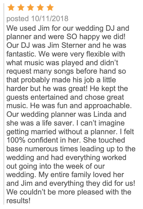 A review of a wedding dj and planner from 10/11/2018