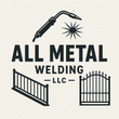 Logo for All Metal Welding: Torch, starburst, fence, gate, text "All Metal Welding LLC"