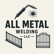 Logo for All Metal Welding: Torch, starburst, fence, gate, text "All Metal Welding LLC"