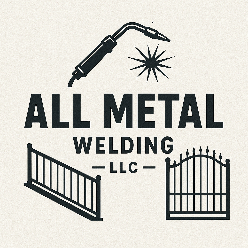 Logo for All Metal Welding: Torch, starburst, fence, gate, text "All Metal Welding LLC"