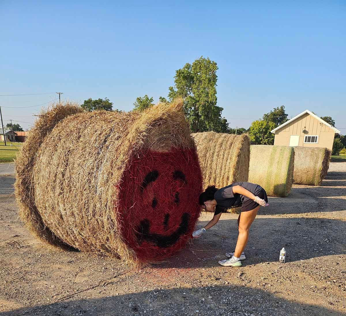 Woman painting a giant hay bale with a Kool-Aid Man face in a field.