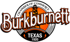 Logo for Burkburnett, Texas Chamber of Commerce: Oil rig in orange circle, surrounded by text and "TEXAS 1920".
