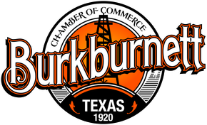 Logo for Burkburnett, Texas Chamber of Commerce: Oil rig in orange circle, surrounded by text and "TEXAS 1920".