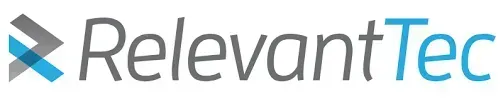 Logo with the name "RelevantTec," the "Tec" is blue, and a blue and gray angular shape on the left.