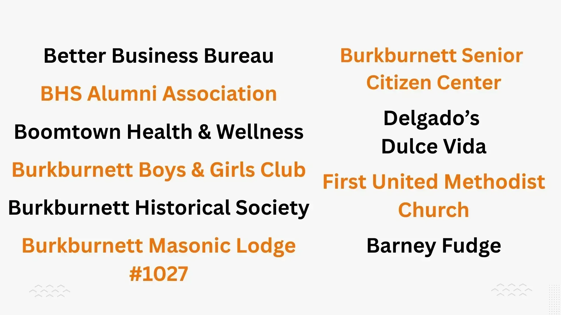 List of local Burkburnett organizations and businesses, including the Better Business Bureau, and Burkburnett Masonic Lodge.