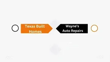 Texas Built Homes logo pointing to Wayne's Auto Repairs logo. Orange and black arrows with circles on either side.