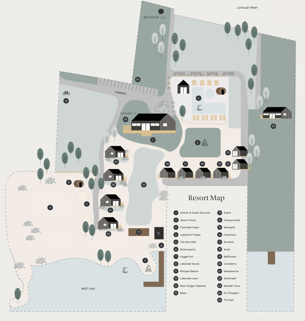 Map of a resort with cabins, a lake, gardens, and a main building.
