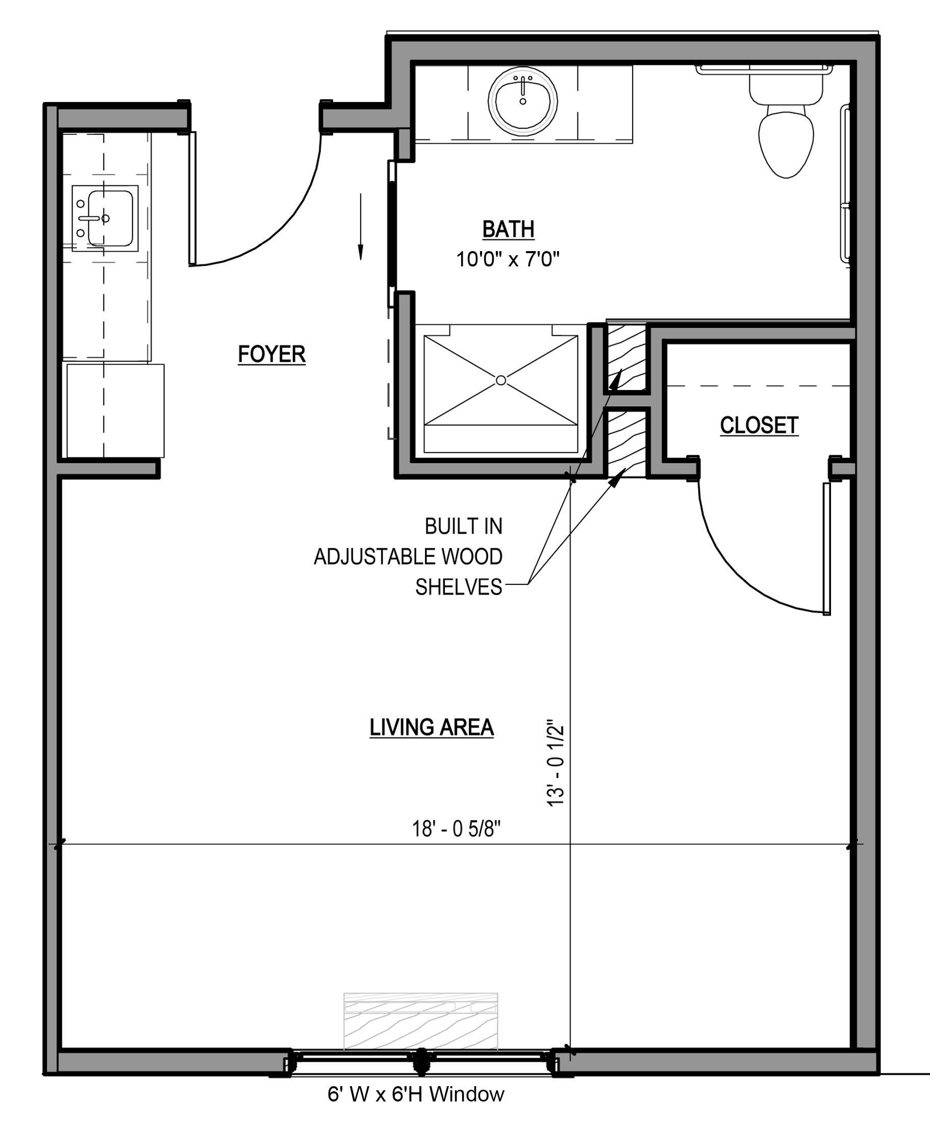 A black and white floor plan of a small apartment.