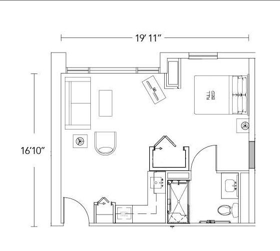 A floor plan of a small apartment with a bedroom , living room , and bathroom.