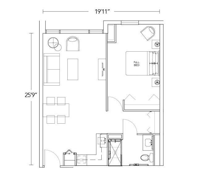 A black and white floor plan of a house with furniture.