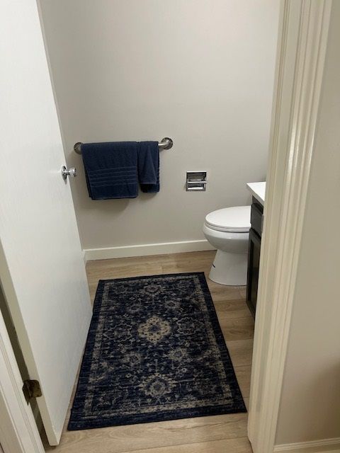 A bathroom with a toilet , sink , and rug.