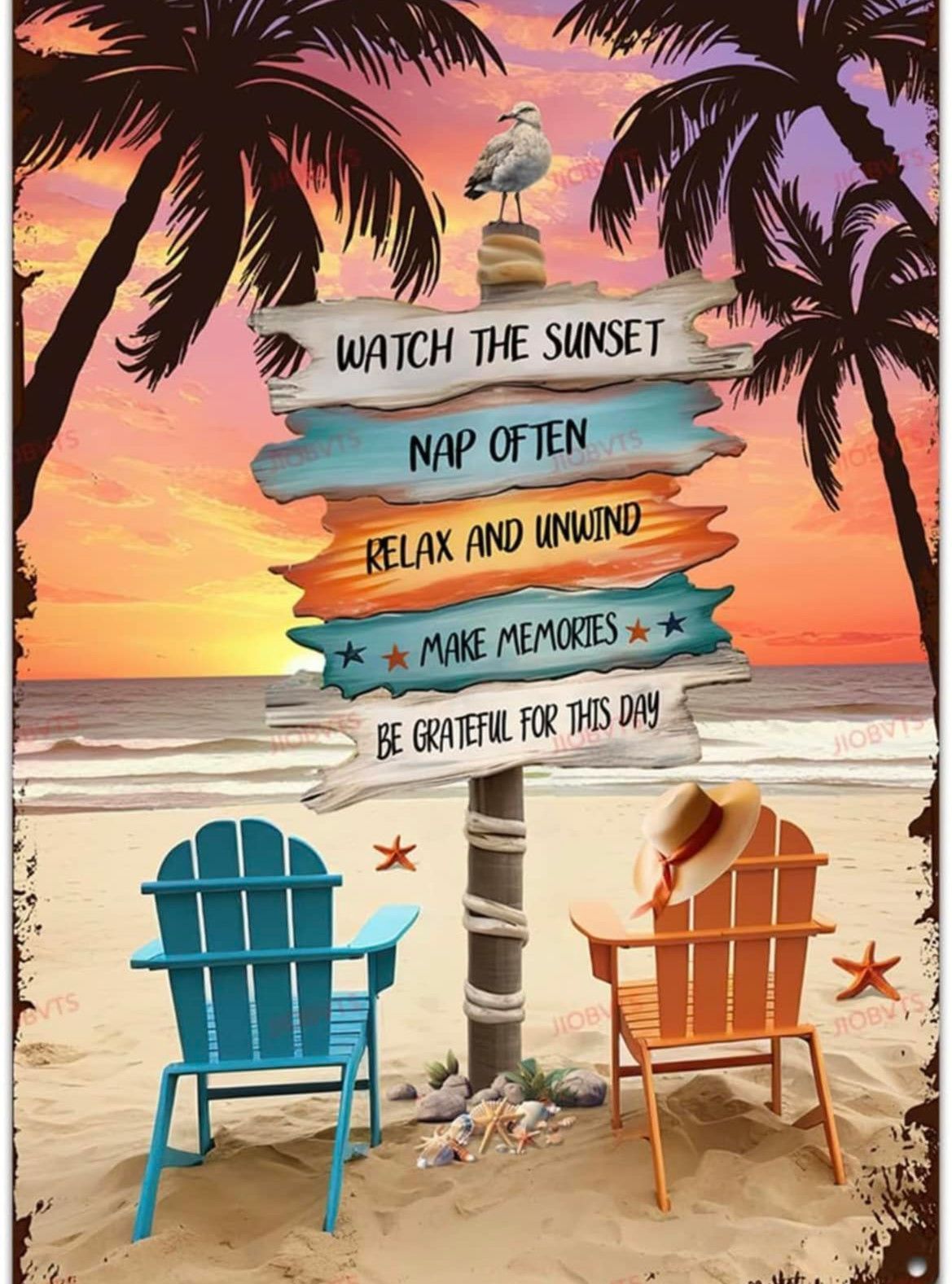 A signpost on a beach at sunset with a seagull on top, two chairs, and inspiring quotes like 