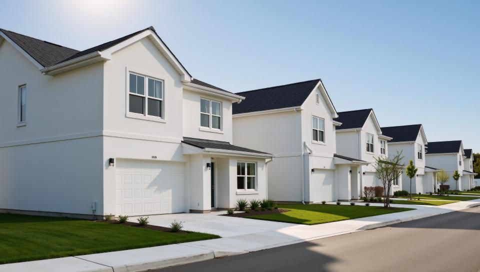 A row of identical, two-story white suburban homes with dark roofs and manicured lawns under a clear blue sky.