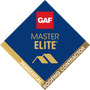 GAF Master Elite Residential Roofing Contractor logo: a diamond-shaped emblem featuring blue, red, and gold text and icons.