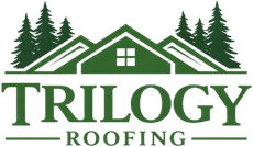 The green Trilogy Roofing company logo featuring an illustrated house roof with pine trees on both sides.
