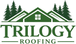 The green Trilogy Roofing company logo featuring an illustrated house roof with pine trees on both sides.