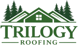 The green Trilogy Roofing company logo featuring an illustrated house roof with pine trees on both sides.