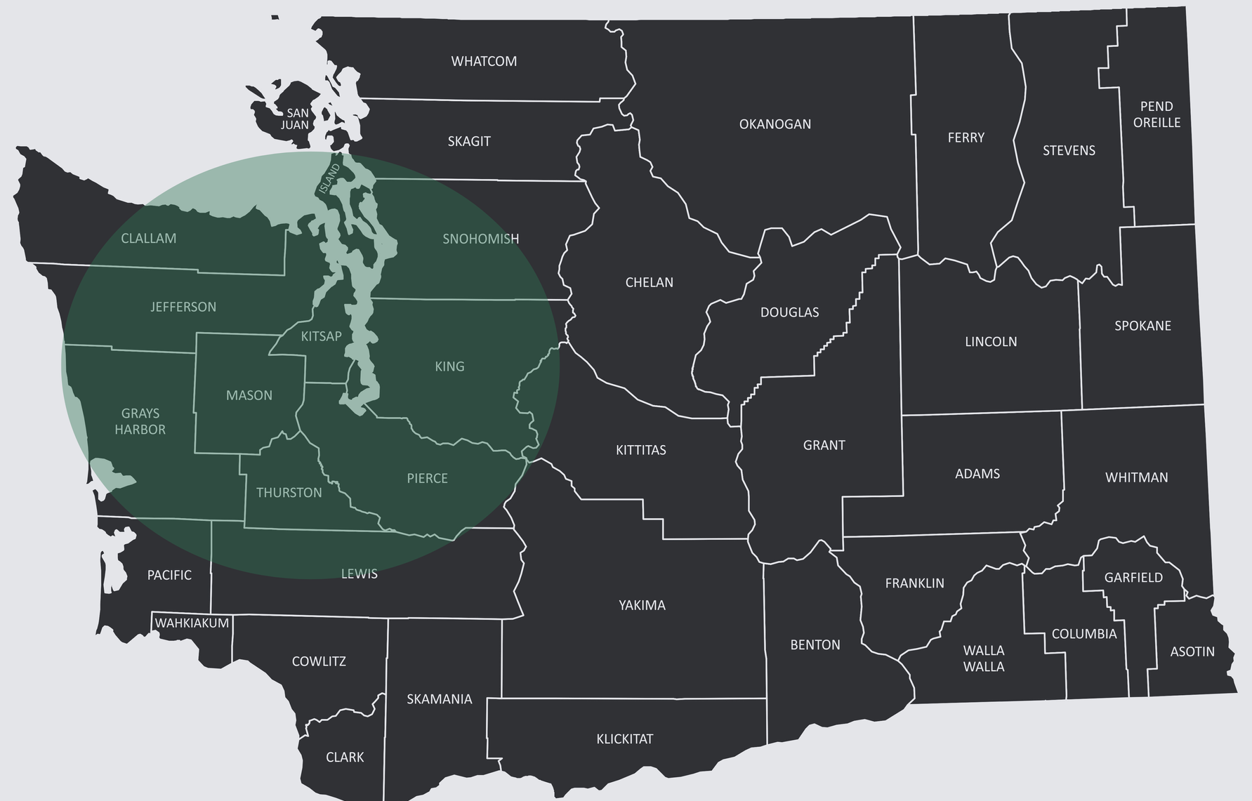 A map of Washington state highlighting the Puget Sound region in green.