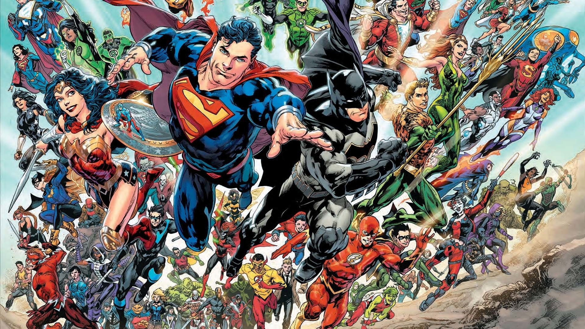 DC Comics heroes: Superman, Batman, Wonder Woman, Flash, Green Lantern, and others in dynamic poses, with sky and bright colors.