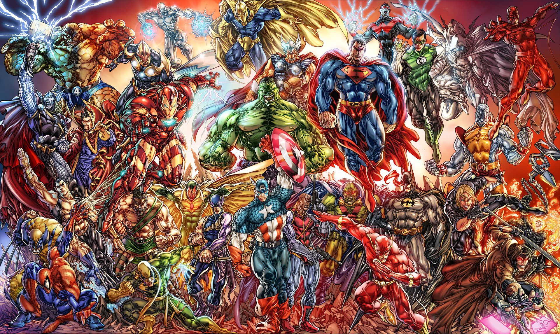 Marvel superheroes assemble, vibrant illustration, action poses, detailed outfits, epic battle scene.