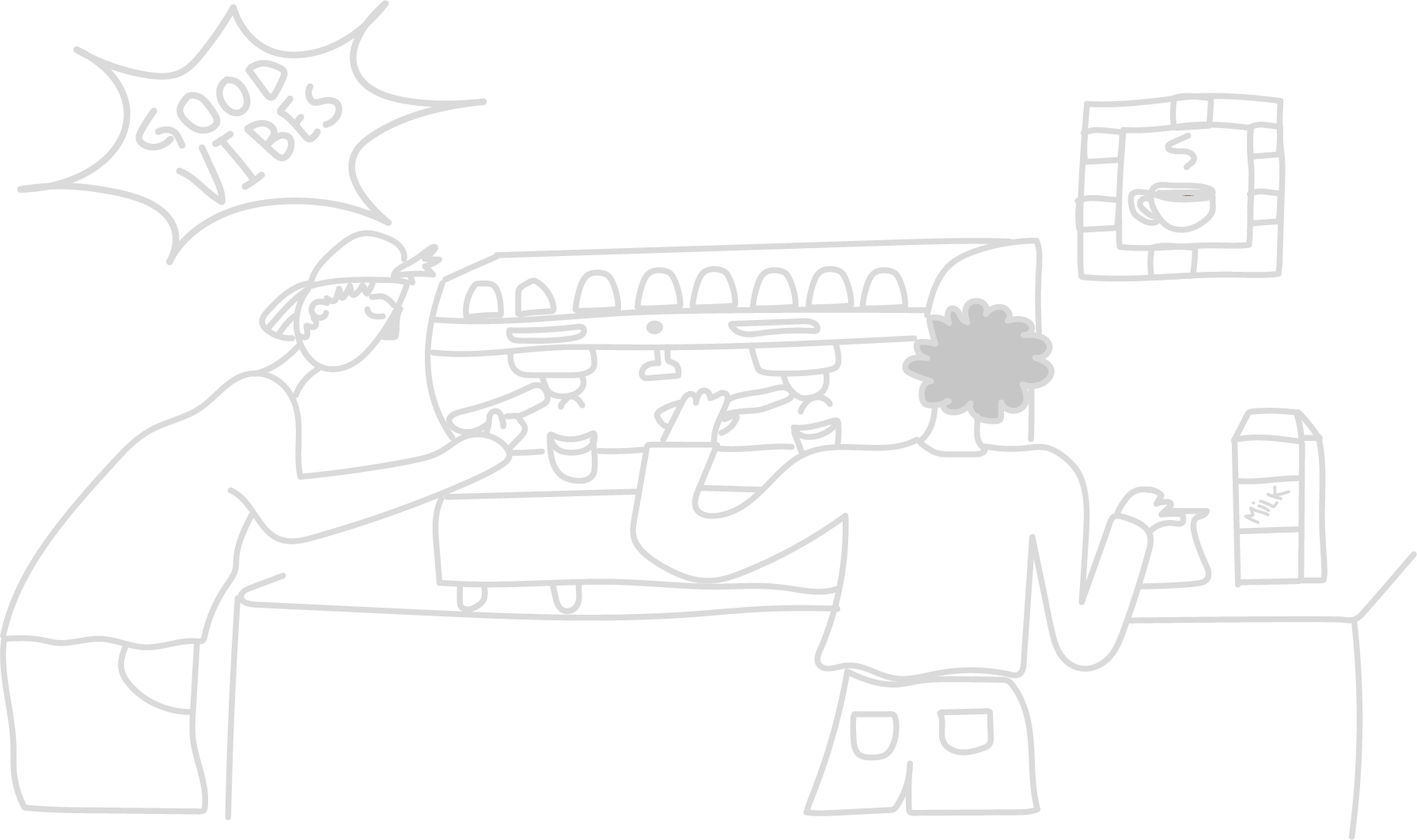 coffee shop illustration with good vibes sign
