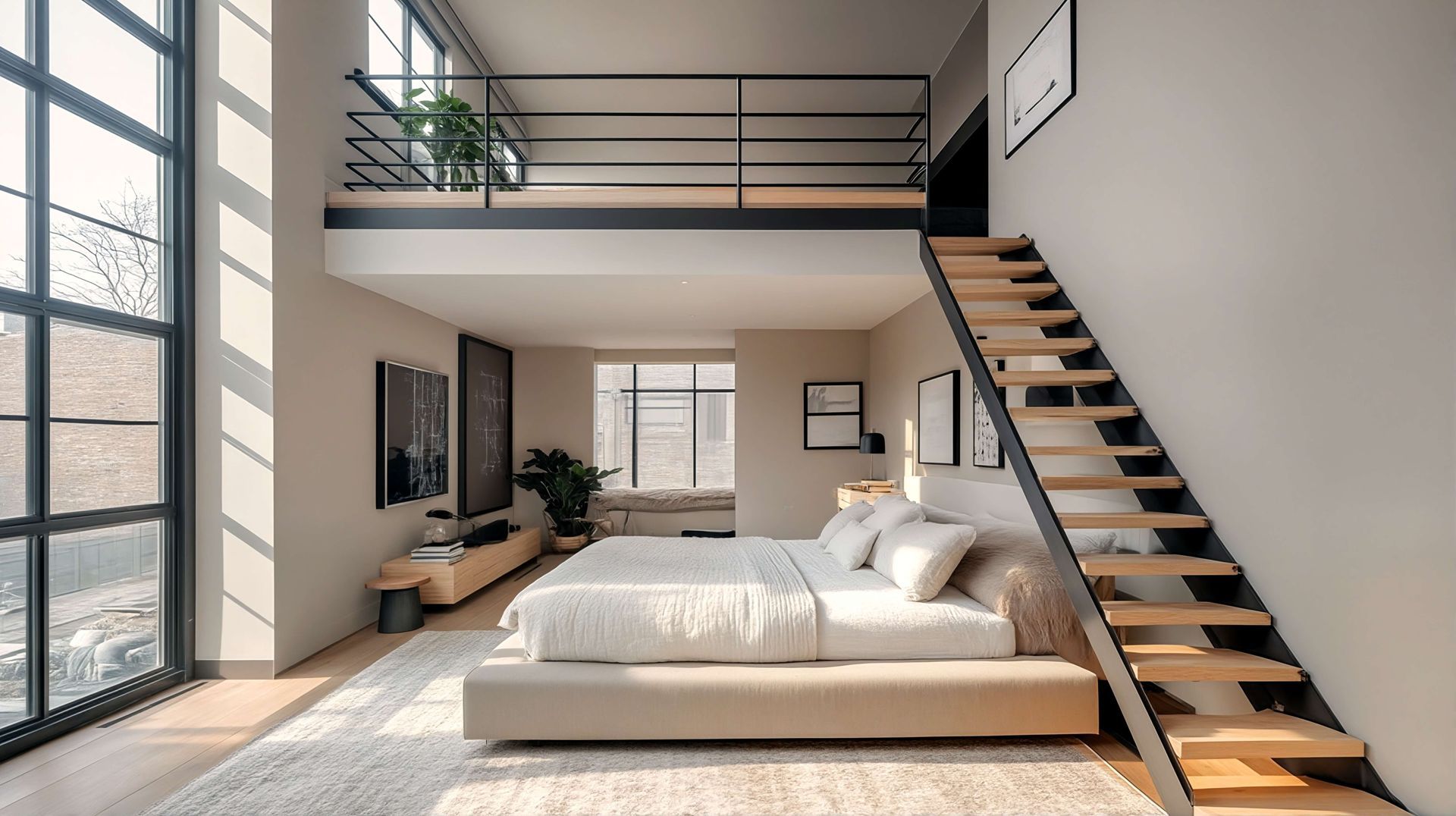 A bedroom with a large bed and stairs leading up to the second floor.