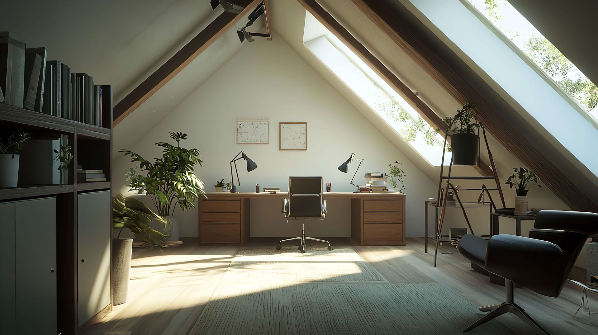 There is a desk and chair in the attic with a skylight.