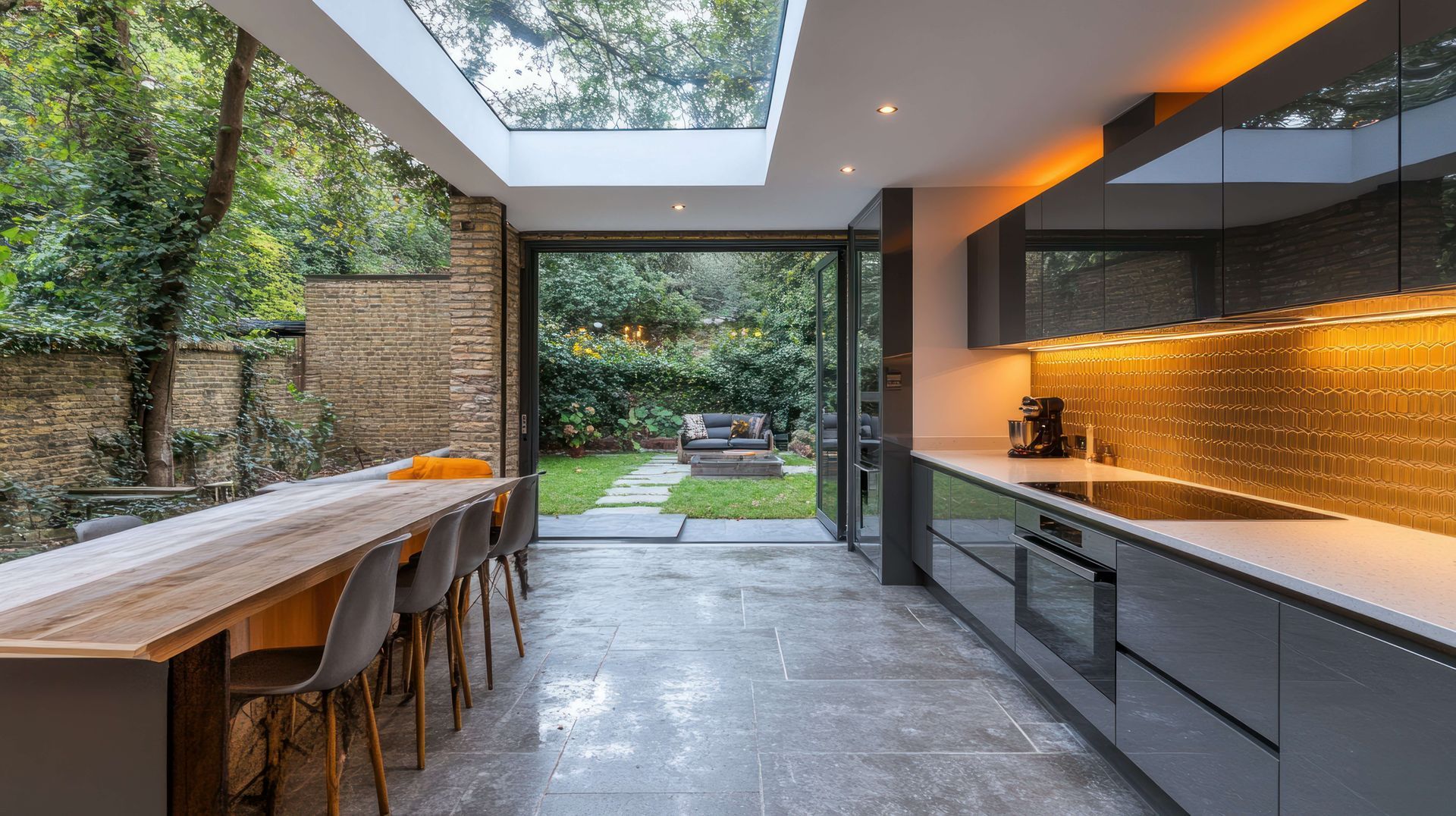 A large white house with a wooden garage door