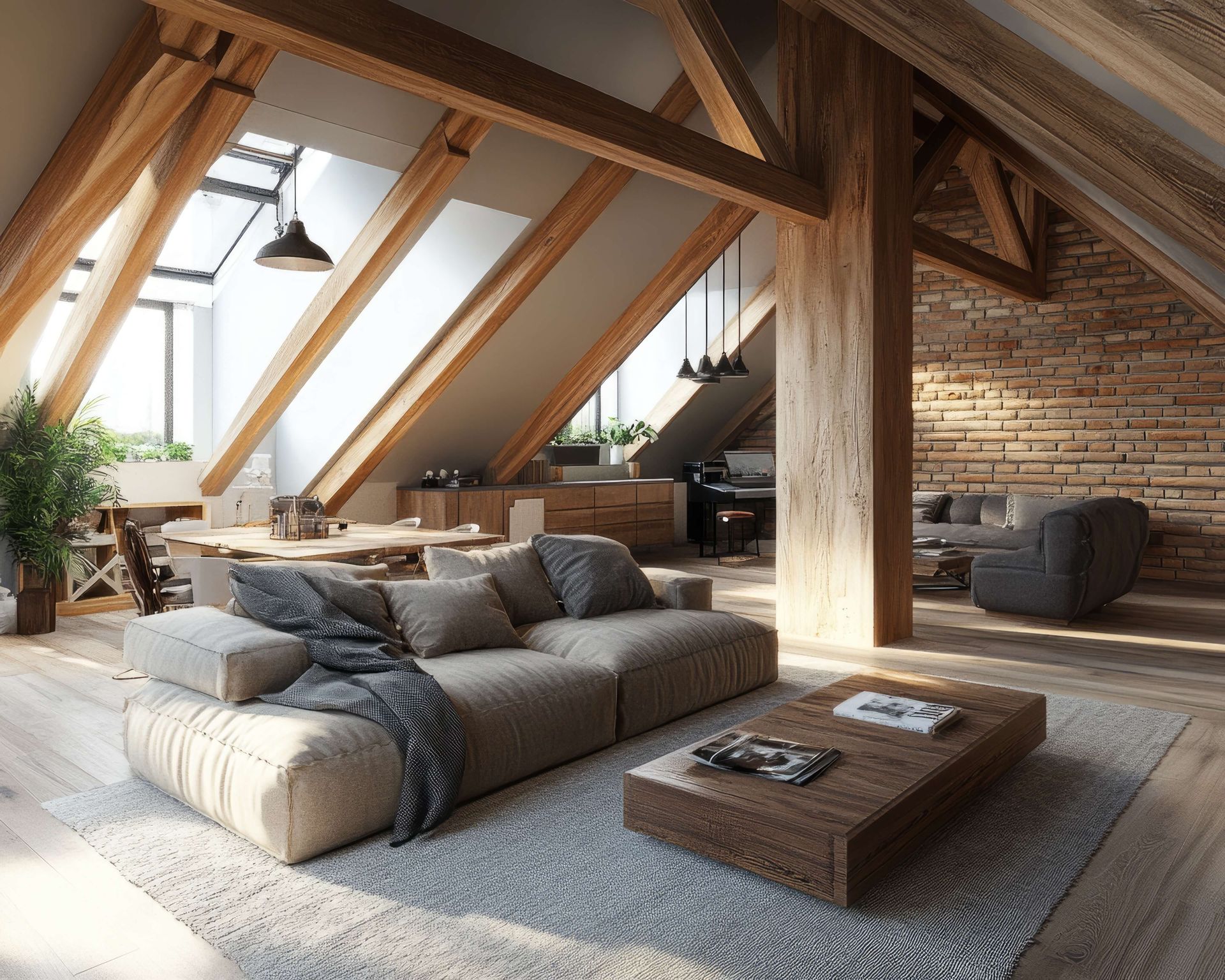 A living room with a couch and a coffee table in an attic.