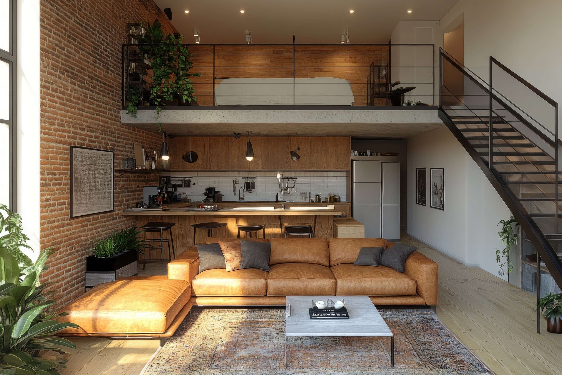 A living room with a couch , coffee table , stairs and a kitchen.