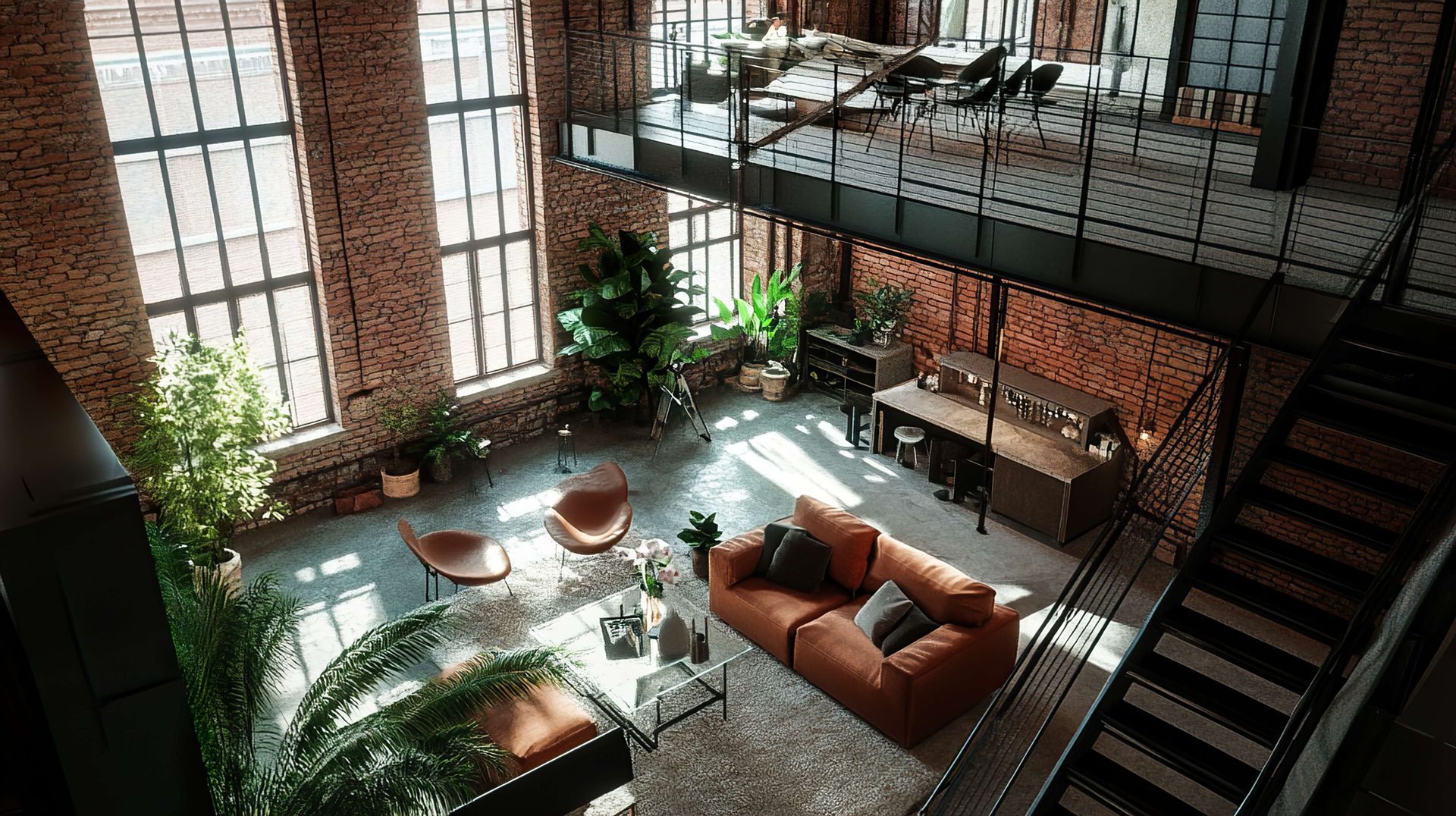 An aerial view of a living room with a couch , chairs , and stairs.