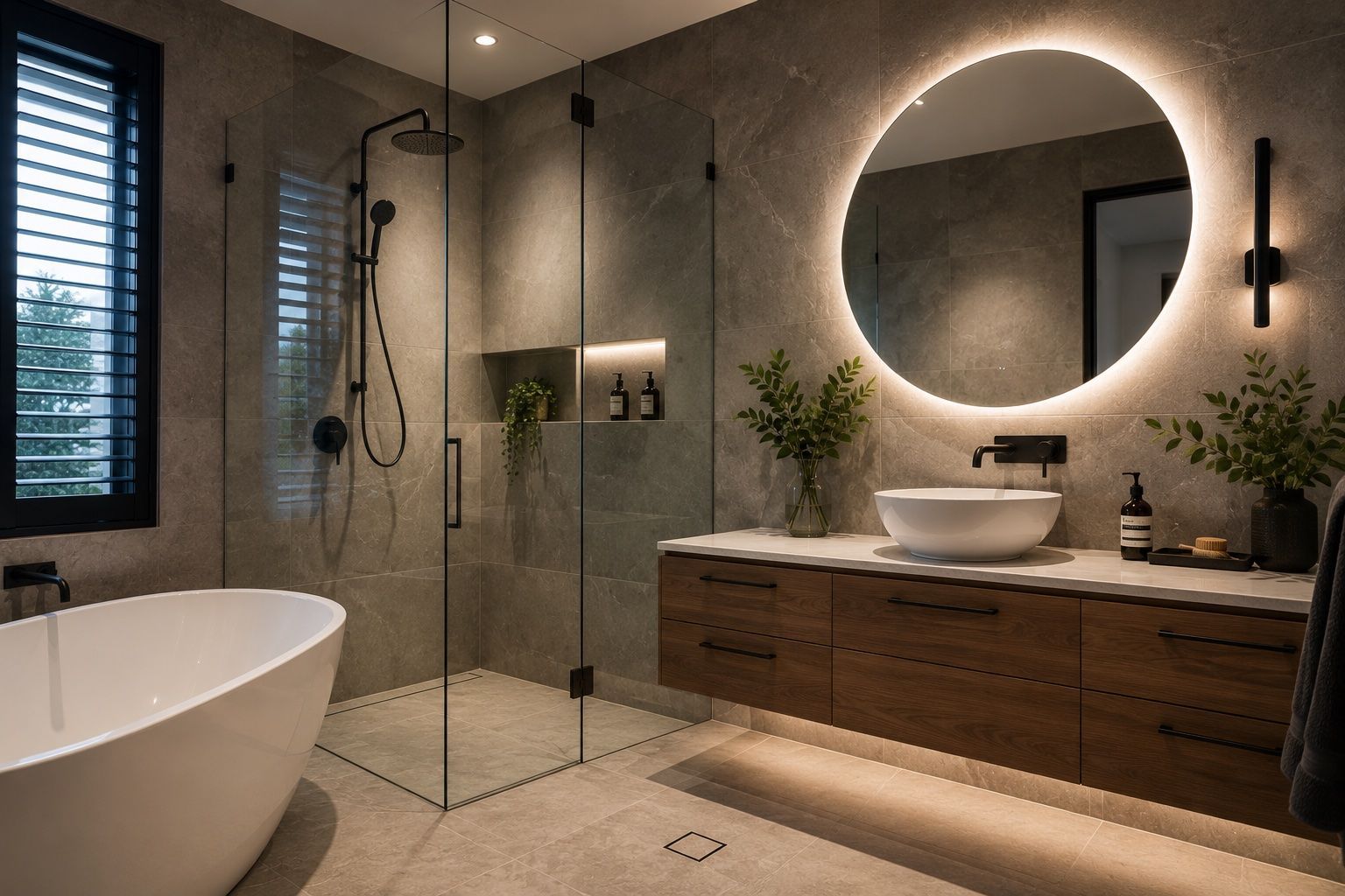 A bathroom with two sinks , a toilet , and a large mirror.
